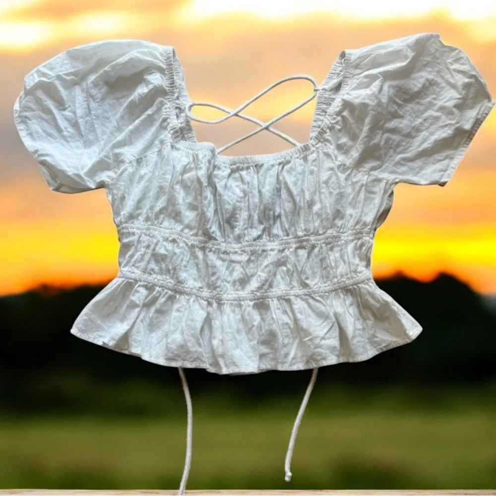 Free People Puff Sleeve Peplum Crop Top White Cotton Size L Boho Cottagecore